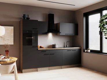 Respekta Küche Küchenzeile Oliver 270 cm mit Glaskeramikkochfeld, Kaminhaube und Backofen, ohne Kühlschrank – Grau Matt / Eiche York Nachbildung
