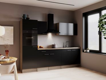 Respekta Küche Küchenzeile Oliver 270 cm mit Glaskeramikkochfeld, Kaminhaube und Backofen, ohne Kühlschrank – Schwarz Seidenglanz / Eiche York Nachbildung