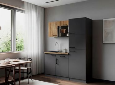 Respekta Küche Singleküche Oliver 160 cm mit Glaskeramikkochfeld, Kühl-Gefrierkombination und Mikrowelle – Grau Matt & Artisan Eiche Nachbildung