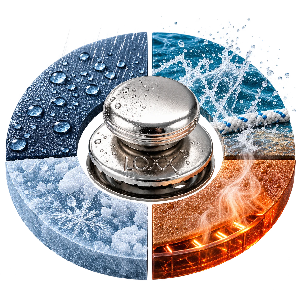 LOXX Verschluss umgeben von Regen, Wasser, Frost und Wärme
