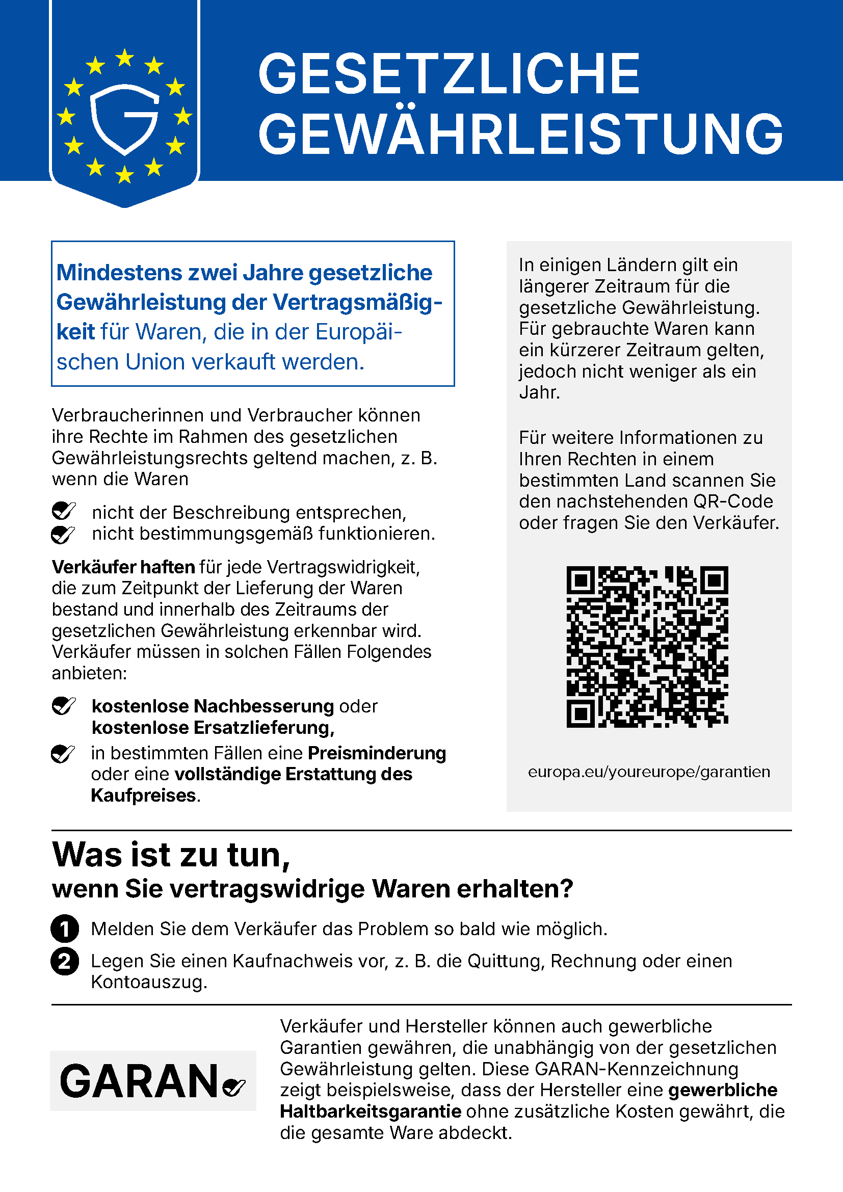 Amtlicher EU-Hinweis: gesetzliches Gewährleistungsrecht, Mindestdauer 2 Jahre