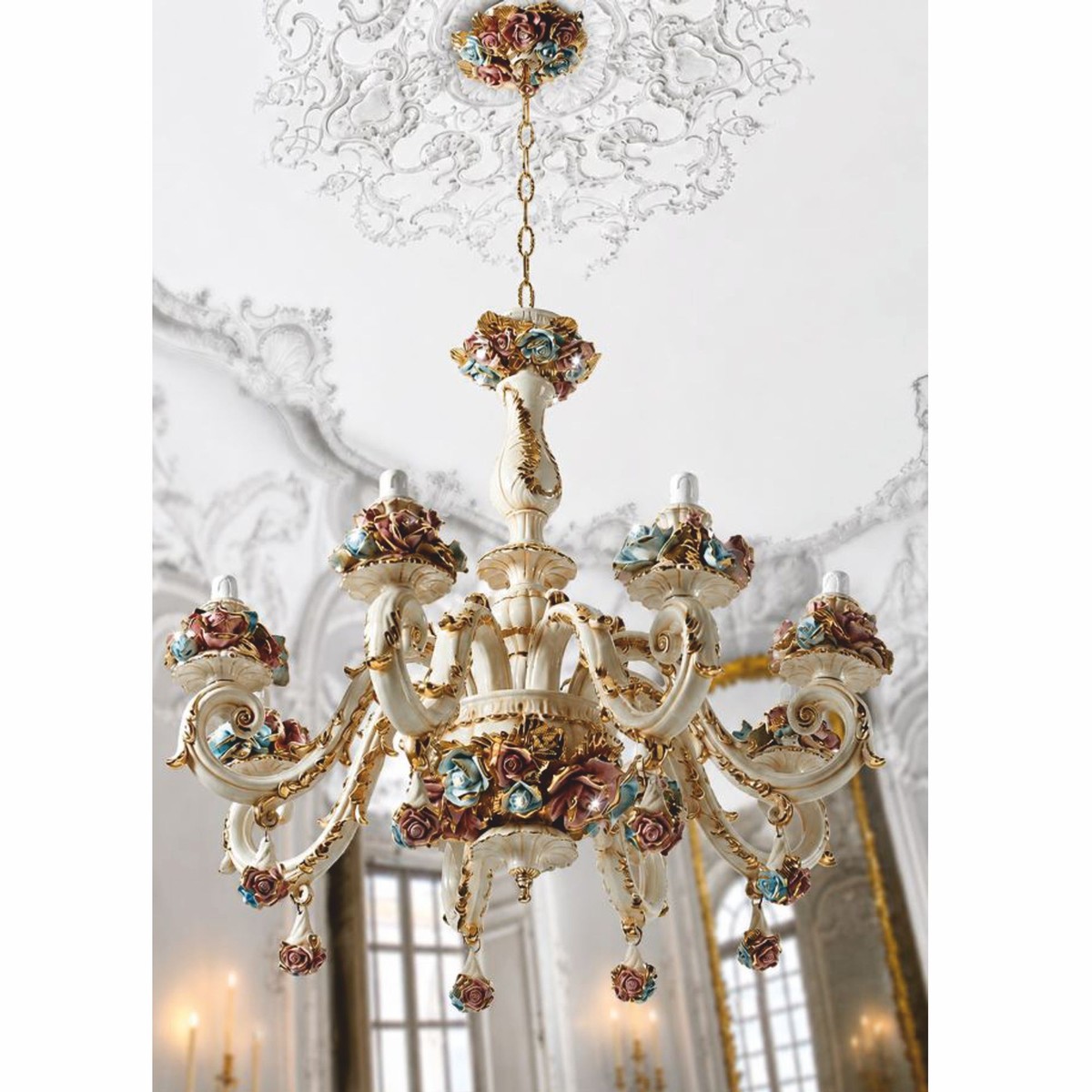 Casa Padrino Luxe Barokke Keramische Kroonluchter, WitMeerkleurigGoud, Hotelverlichting