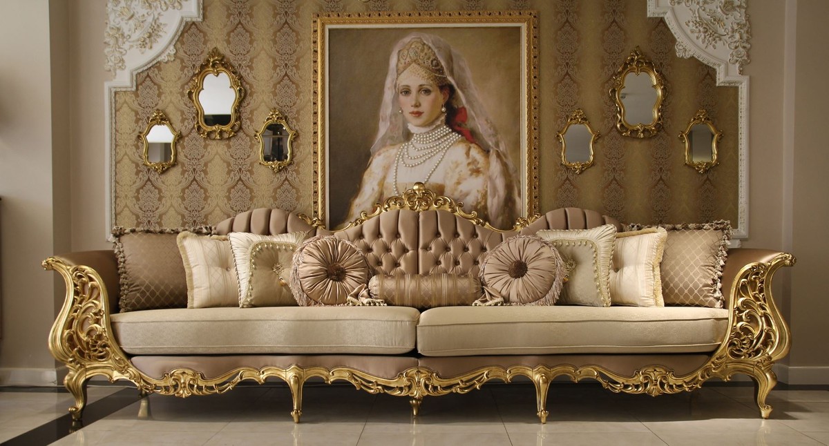 Divano da soggiorno barocco di lusso Casa Padrino ā Crema e oro ā 360 x 100 x A 115 cm ā Magnifico divano in stile barocco ā Eccezionale mobile barocco per soggiorno ā 111983_2