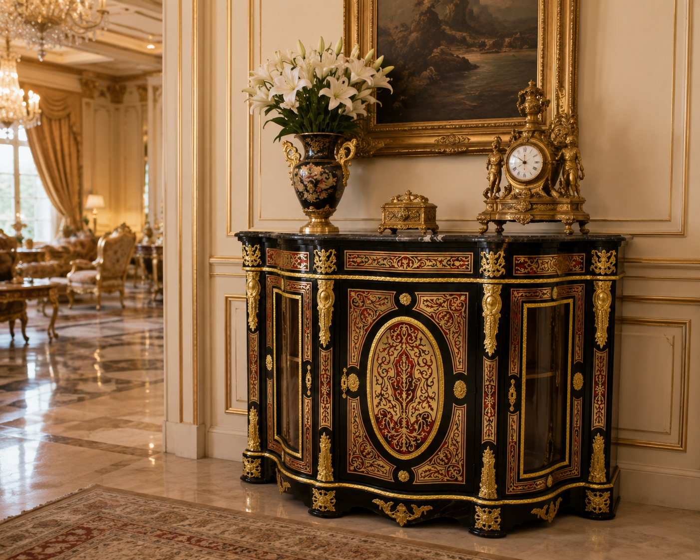 Commode Boulle française de luxe dans une villa contemporaine haut de gamme.