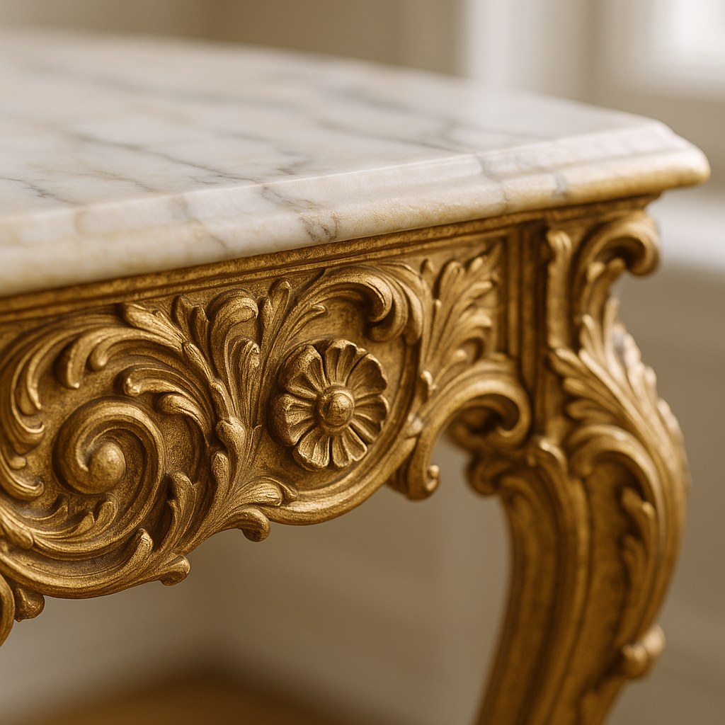 Detalle de una mesa auxiliar barroca con pata tallada a mano y dorada al pan de oro, canto de mármol blanco