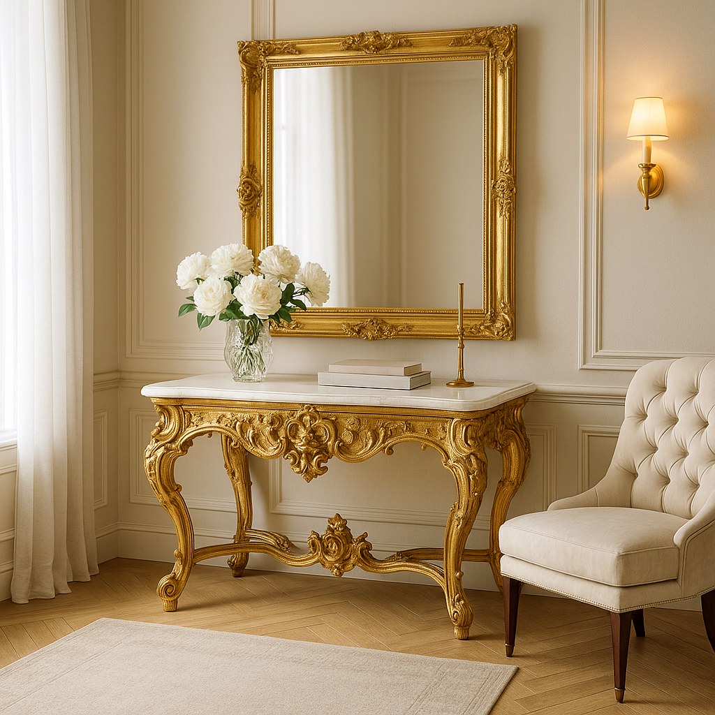 Mesa auxiliar barroca como mesa de teléfono con cajón y tablero de mármol junto a un sillón en el salón