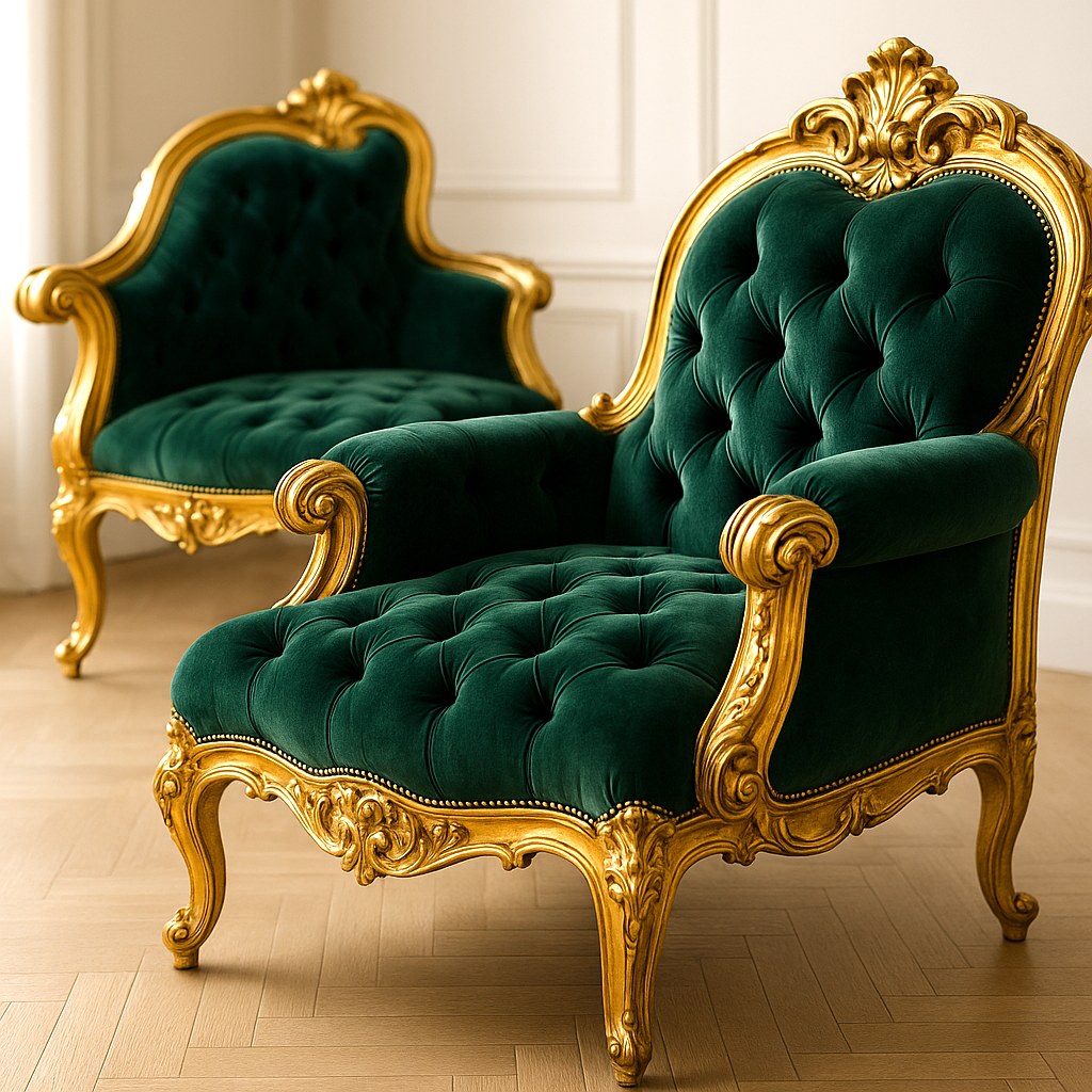 Detalle de chaise longue barroca con cabecero tallado en pan de oro y acolchado de terciopelo