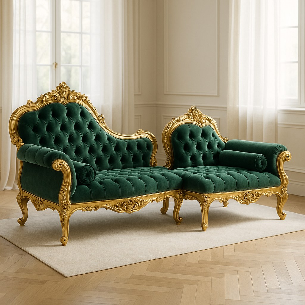 Conjunto de chaise longue barroca dorada y recamier con tapizado de terciopelo y estructura curva