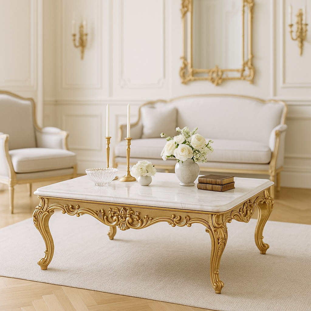 Tavolo da caffè barocco rotondo con piano in vetro come elegante vignette di lounge con poltrone