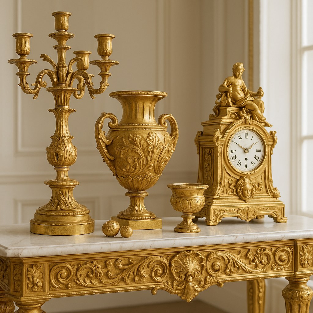 Detail einer barocken Deko-Figur mit handbemaltem Porzellan und vergoldetem Ornament