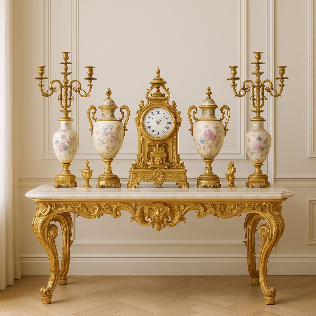 Barock-Dekoration Ensemble mit goldenem Kandelaber, Vase und Figur auf einer Konsole