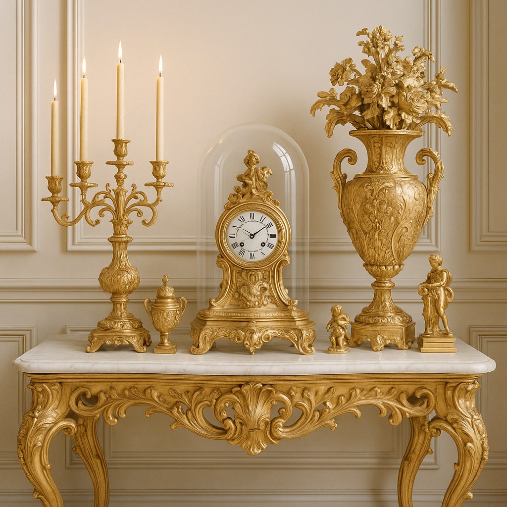Barock-Dekoration Vignette mit gruppierten Vasen, Kerzenständern und Schale
