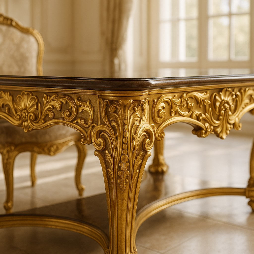 Detalle de una mesa de comedor barroca con pata tallada a mano y dorada al pan de oro y faldón perfilado