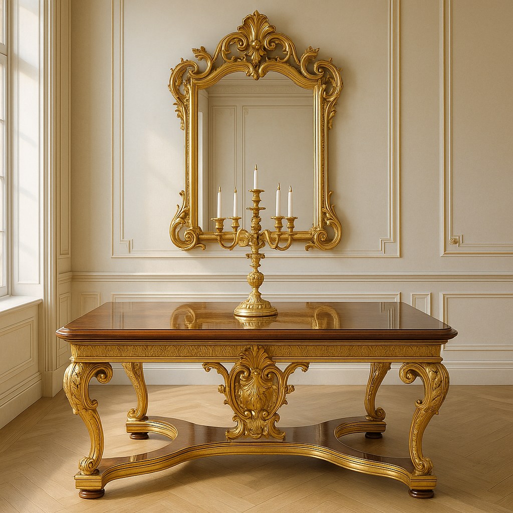 Mesa de comedor barroca redonda como viñeta, con pie de balaustre y tablero de madera brillante