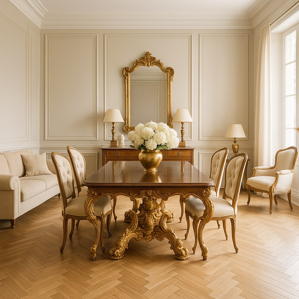 Mesa de comedor barroca ovalada de madera maciza oscura en el salón, rodeada de sillas barrocas tapizadas