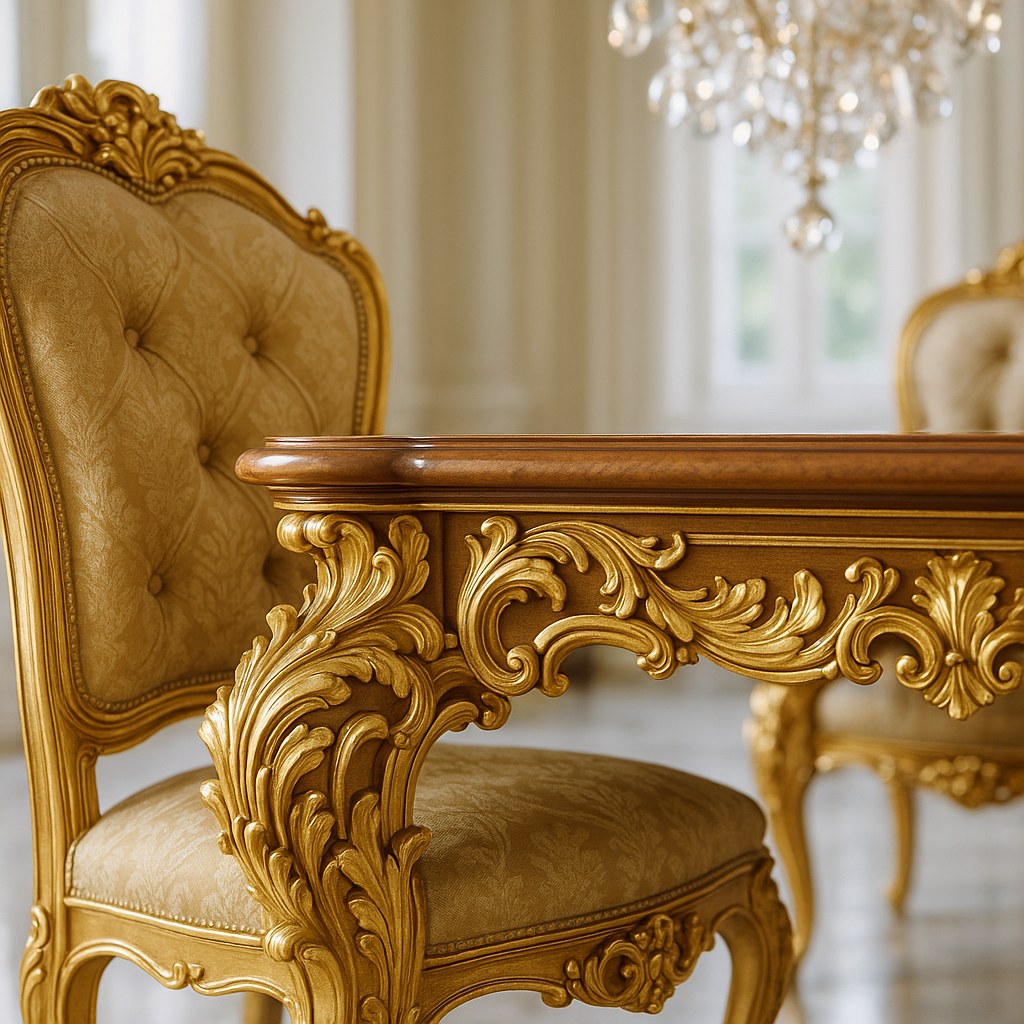 Detail einer gedeckten Barocktafel mit vergoldetem Kandelaber, Porzellan und geschnitzter Tischzarge