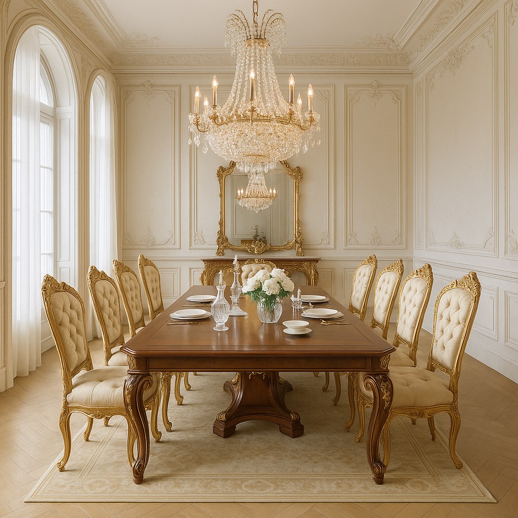 Komplettes Barock-Esszimmer mit langer Tafel, vergoldeten Stühlen, Vitrine im Hintergrund und Kronleuchter über dem Tisch