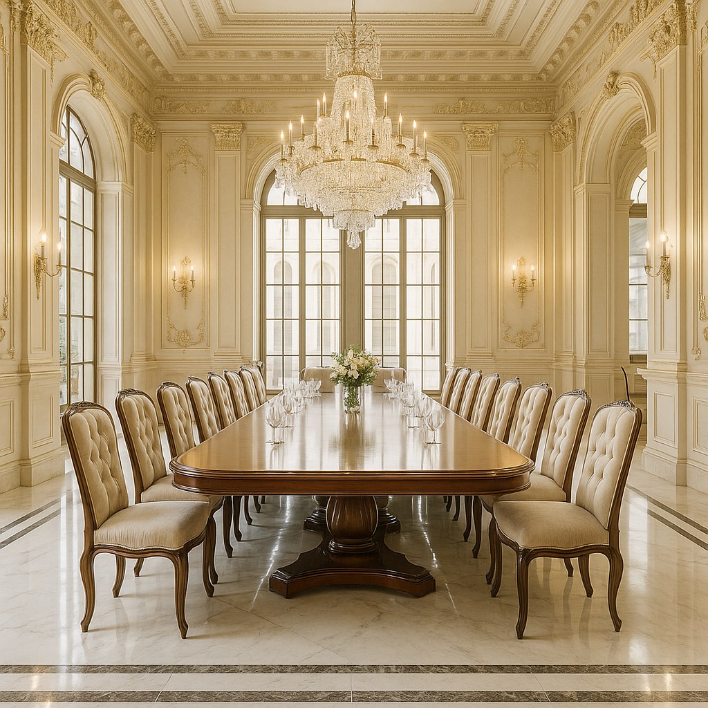 Festlich eingedeckte Banketttafel in einem Hotel mit Reihe gleicher Barockstühle und mehreren Kronleuchtern