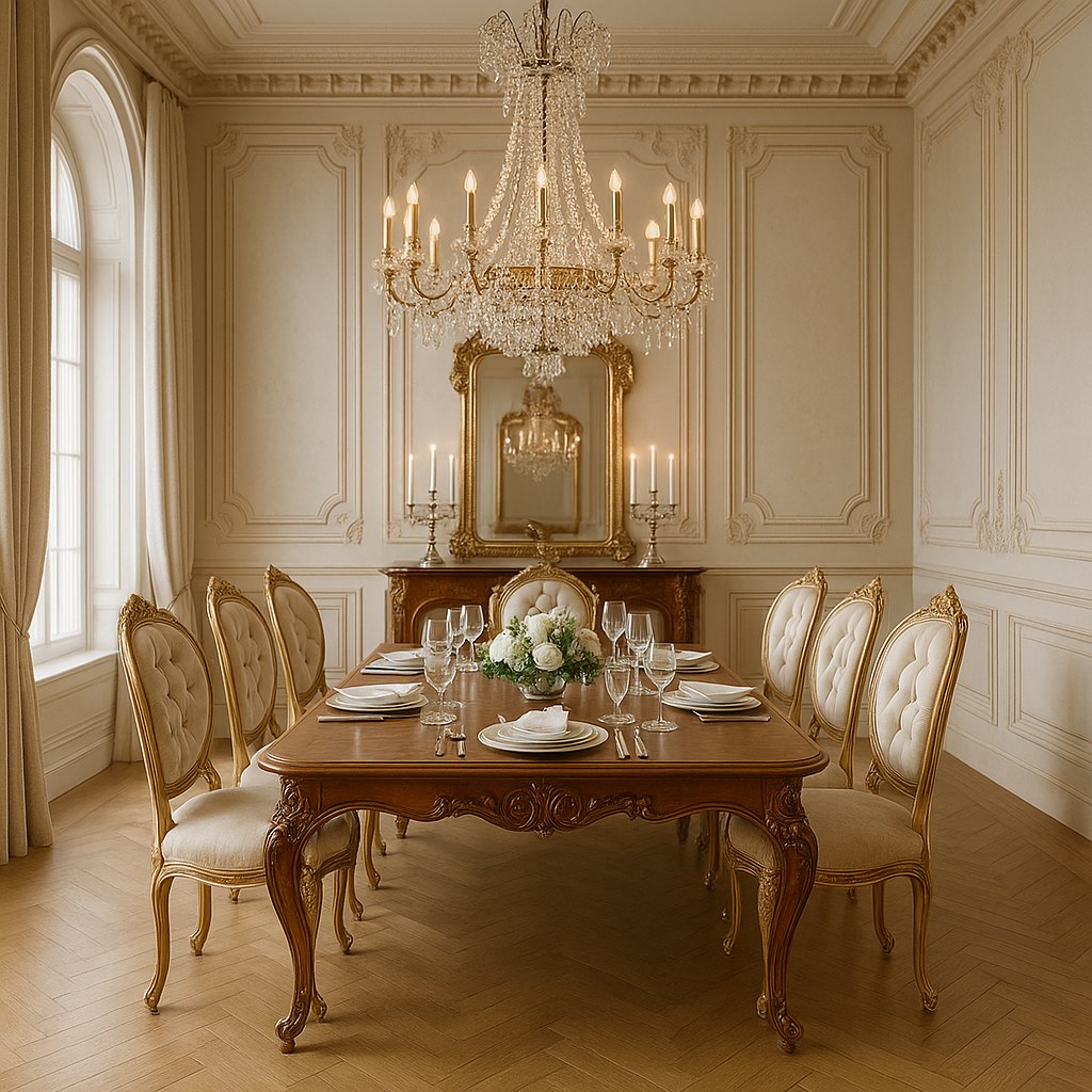 Einzelnes Barock-Esszimmer-Arrangement als Vignette, Konsole mit Kerzenleuchter unter einem Wandspiegel
