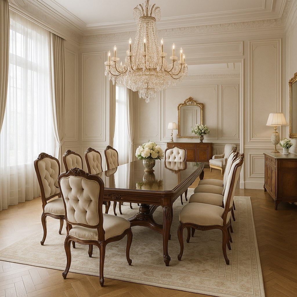 Barock-Esszimmer im Wohnbereich mit gedeckter Tafel, gepolsterten Stühlen und beleuchteter Vitrine