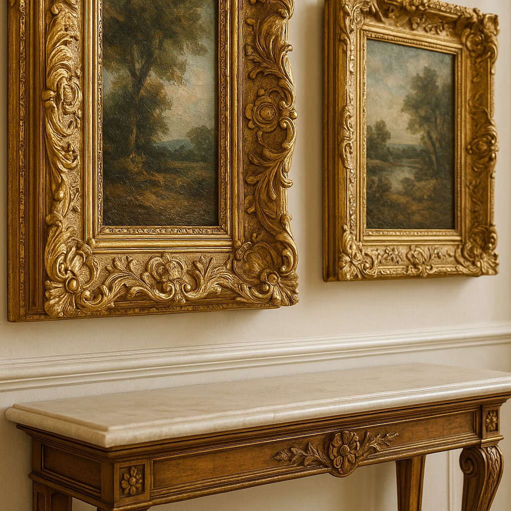 Detalle de una pintura barroca con marco ornamental dorado a mano, ornamento de acanto y textura del lienzo visible