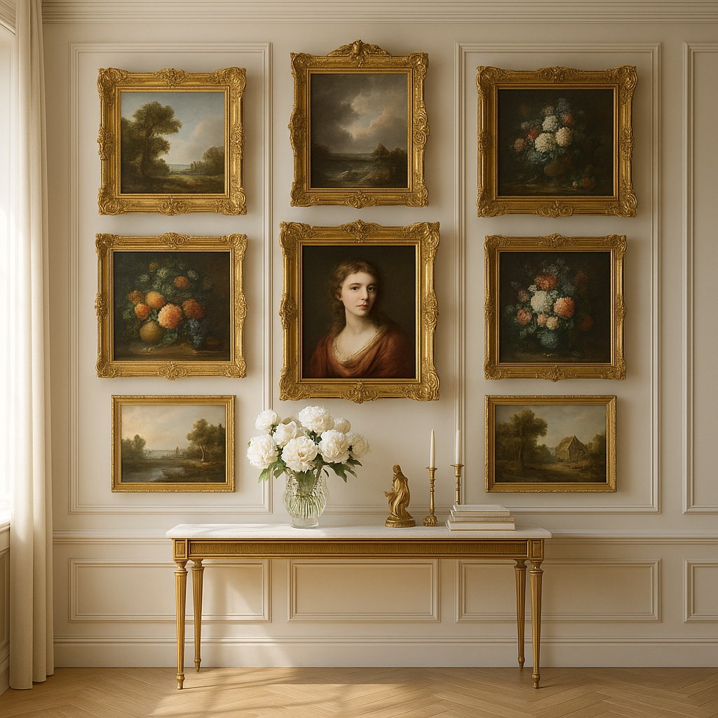 Pintura barroca con opulento marco ornamental dorado en una pared, retrato clásico como imponente punto de atención