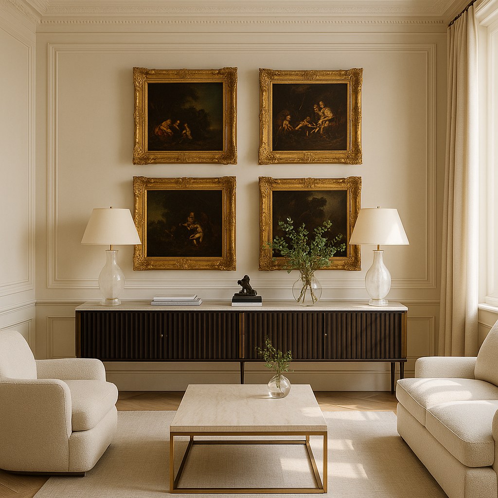 Pintura barroca sobre un sofá en el salón, marco dorado en diálogo con un espejo y la decoración