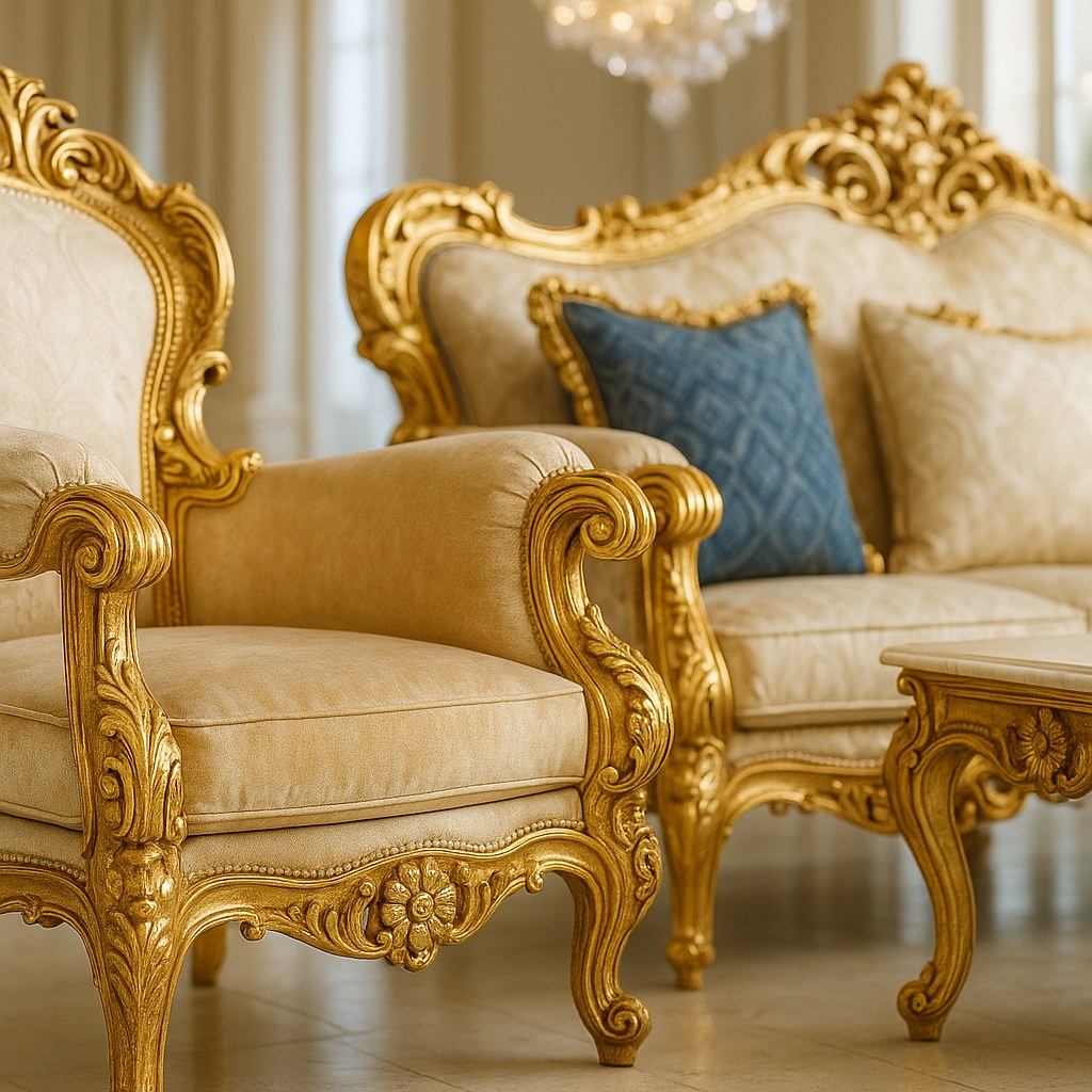 Détail d'un meuble d'hôtel baroque avec moulure sculptée à la main, dorée à la feuille et revêtement en velours