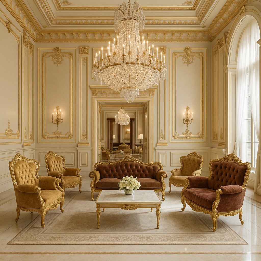 Ensemble de mobilier d'hôtel baroque avec fauteuils dorés et canapé dans un lobby d'hôtel luxueux