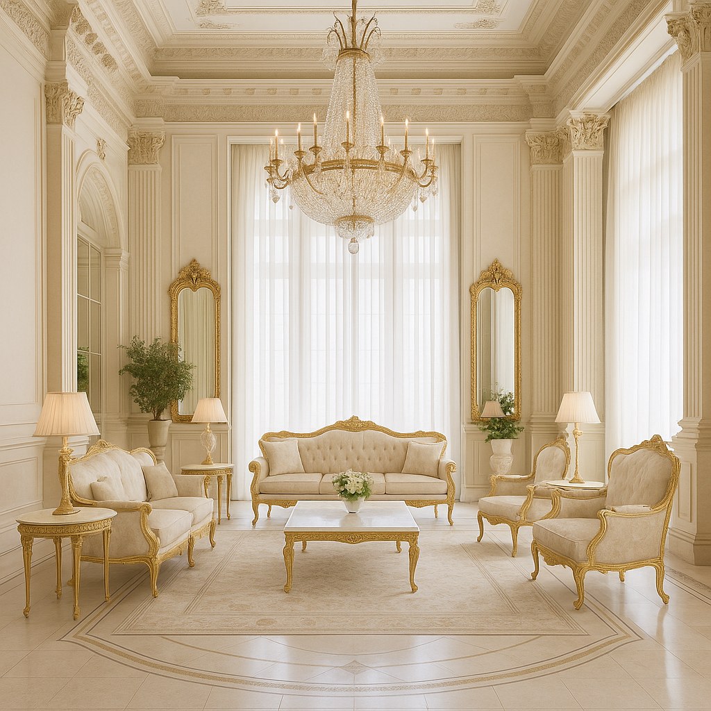 Espace restaurant avec mobilier d'hôtel baroque, chaises rembourrées et tables dressées avec faste