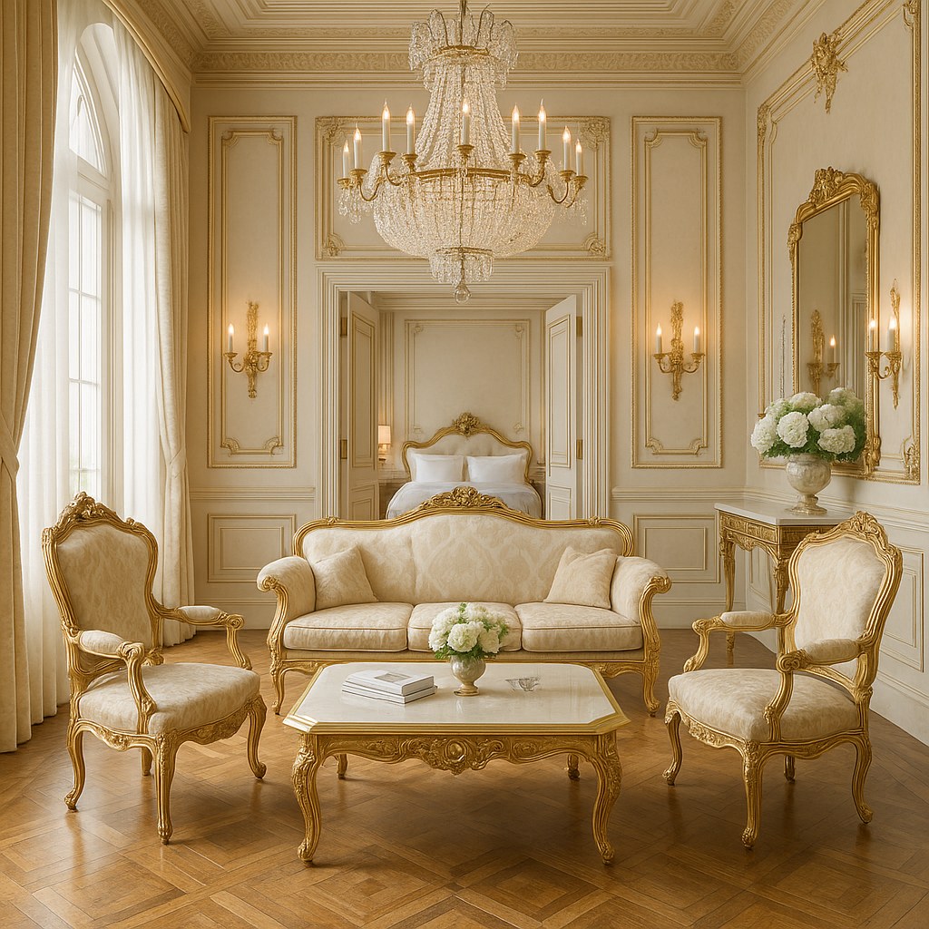 Élégante vignette baroque dans l'entrée d'un hôtel avec console, miroir et fauteuil doré