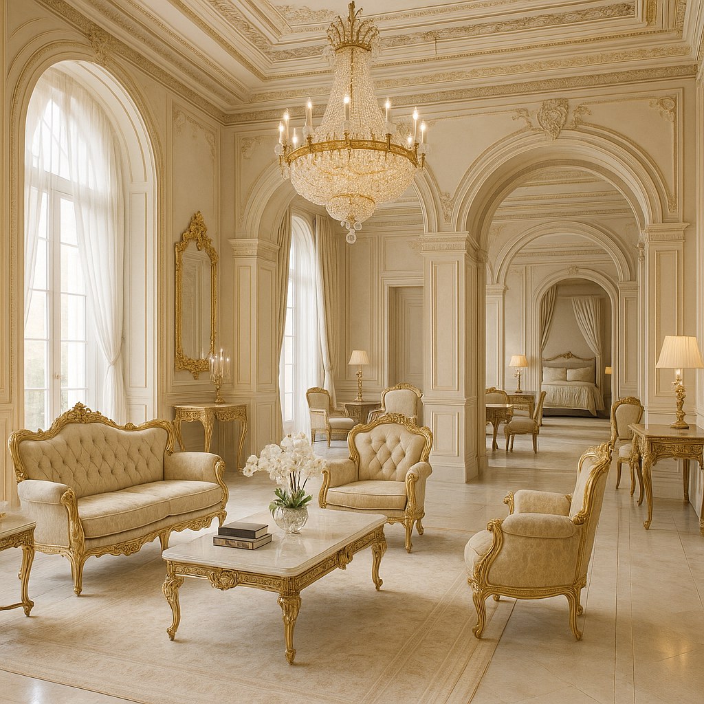 Mobilier d'hôtel baroque dans une suite avec lit doré, commode et fauteuil de style baroque