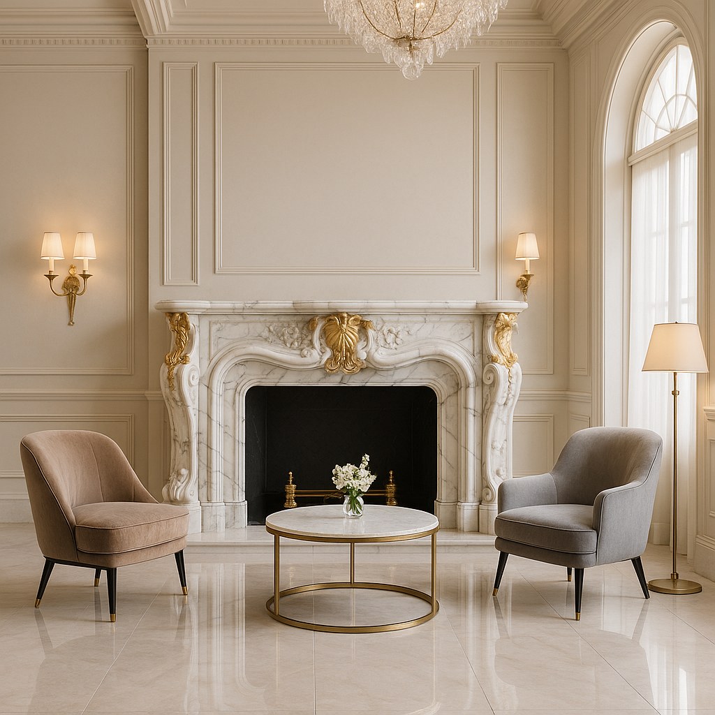 Caminetto barocco in una lounge d'albergo, cornice marmorizzata come centro prestigioso della hall