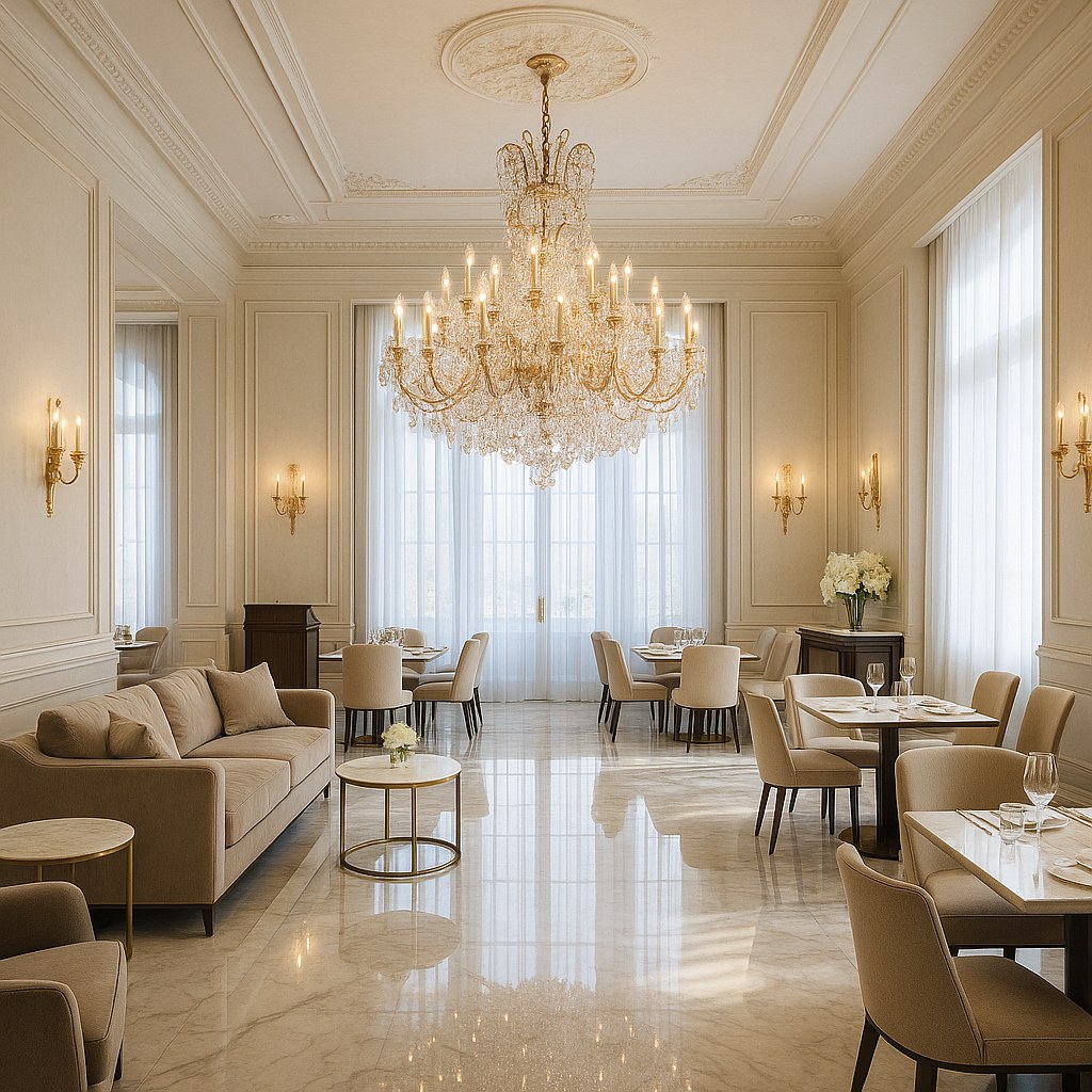 Grande lampadario in cristallo nella scala di un hotel, più livelli di pendagli sopra una scalinata ricurva