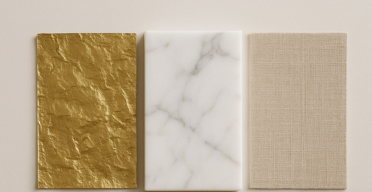 Blattgold, Marmor und schlichter Leinenstoff nebeneinander im Detail