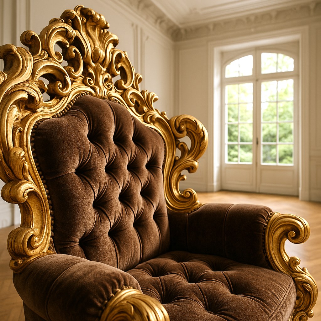 Détail de sculpture dorée à la feuille et velours sur un fauteuil baroque