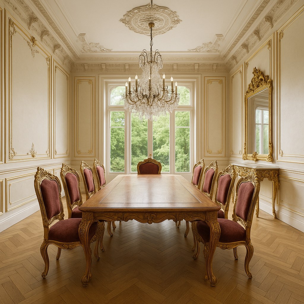 Salle à manger baroque avec grande table sculptée et lustre en cristal en Belgique