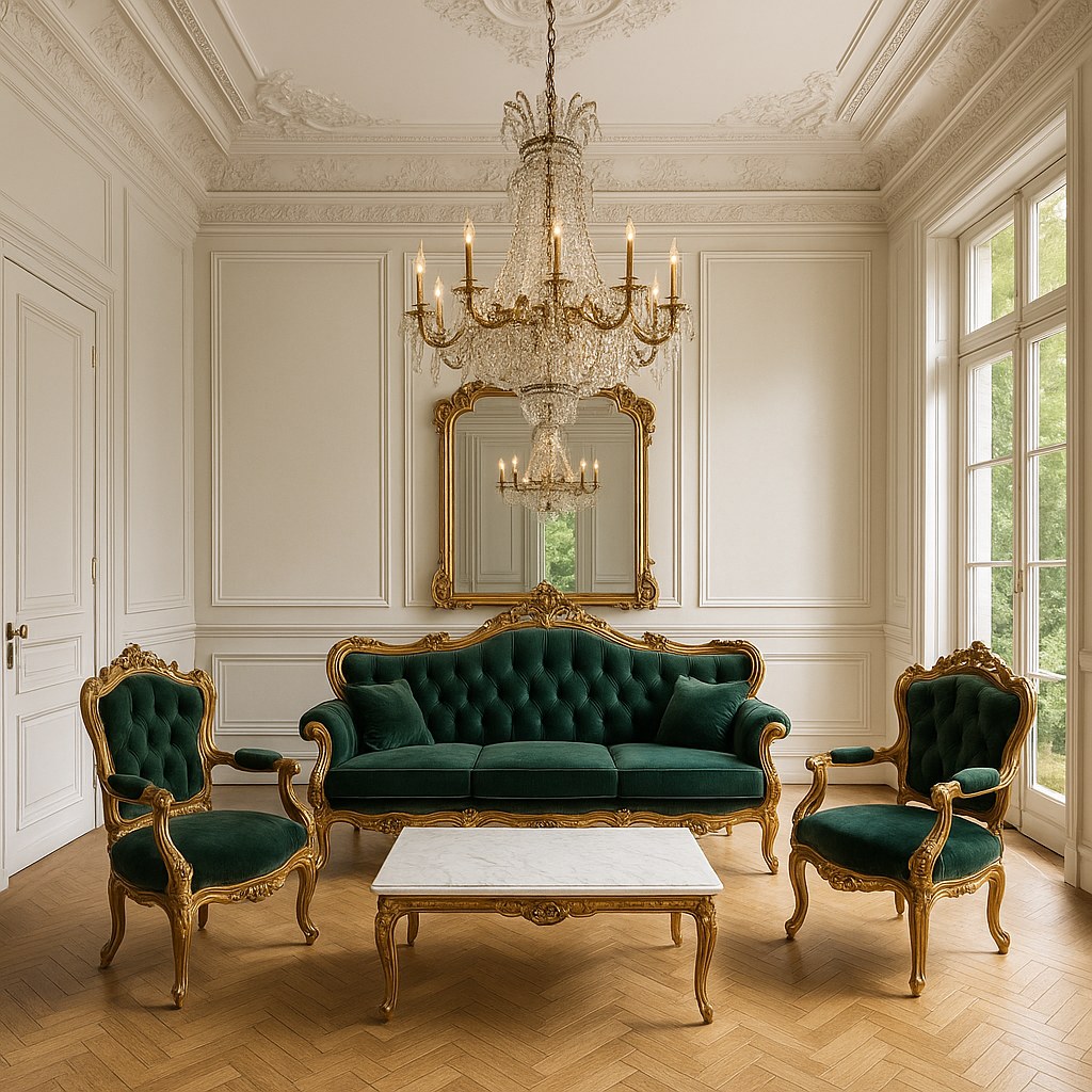 Salon baroque Casa Padrino avec canapé et fauteuils dorés dans une maison de maître bruxelloise