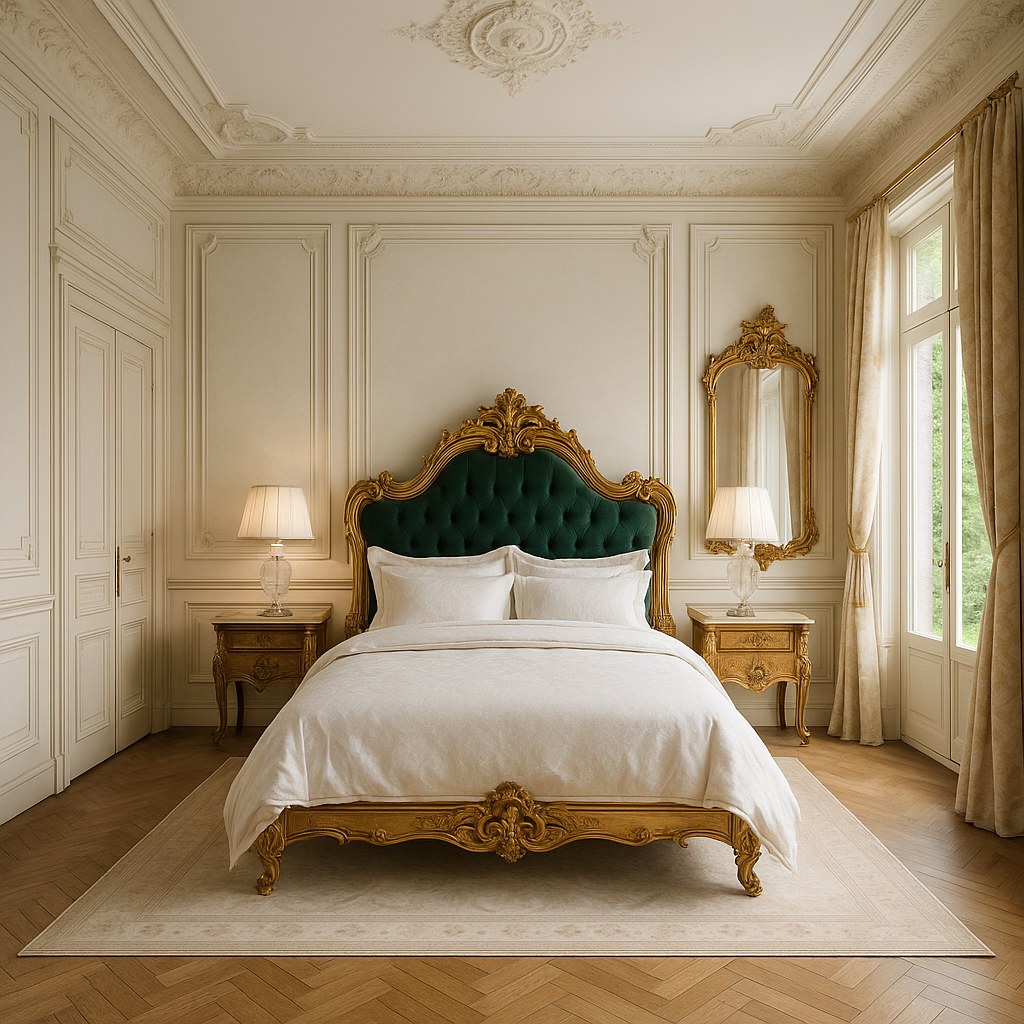 Chambre baroque avec lit sculpté et chevets assortis dans une villa flamande