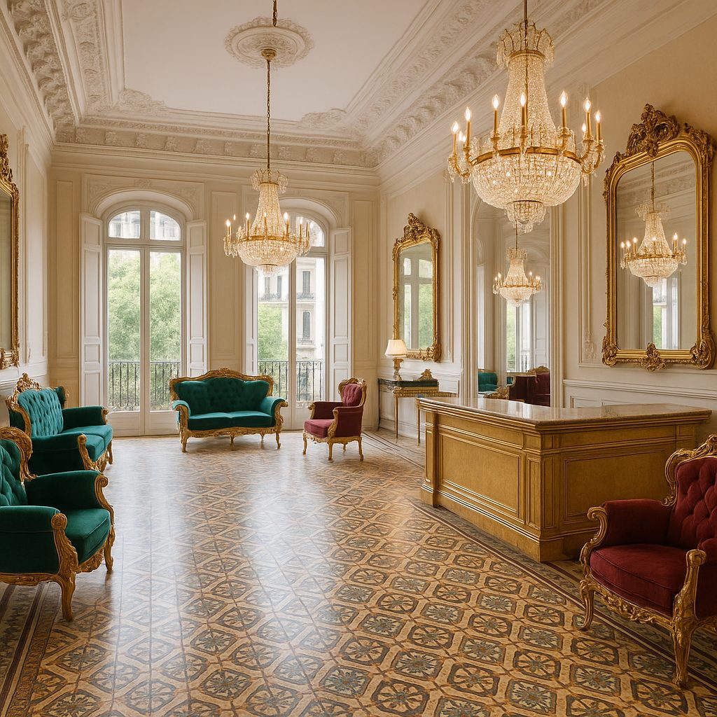 Recepció d'hotel moblada amb mobiliari barroc Casa Padrino i llums de cristall