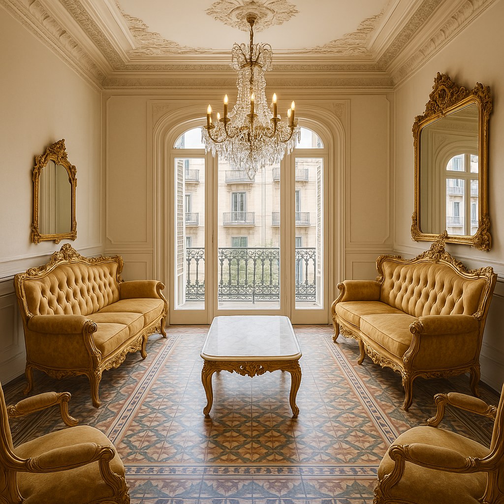 Sala barroca Casa Padrino amb sofà i butaques daurades en un pis de l'Eixample