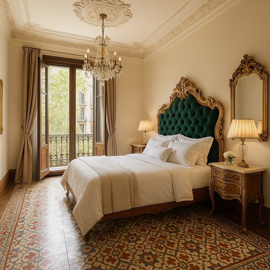 Habitació barroca amb llit tallat i tauletes de nit a joc en una masia catalana