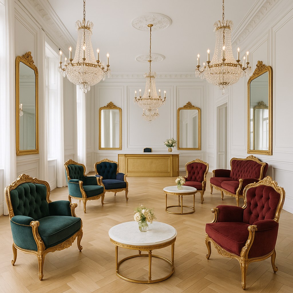 Hotellobby indrettet med barokmøbler fra Casa Padrino og krystallysekroner