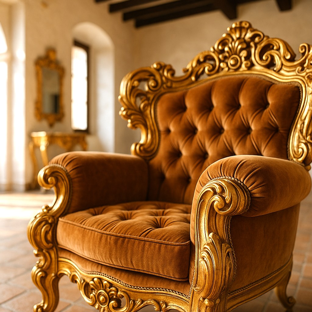 Detalle de talla dorada en pan de oro y terciopelo en un sillón barroco