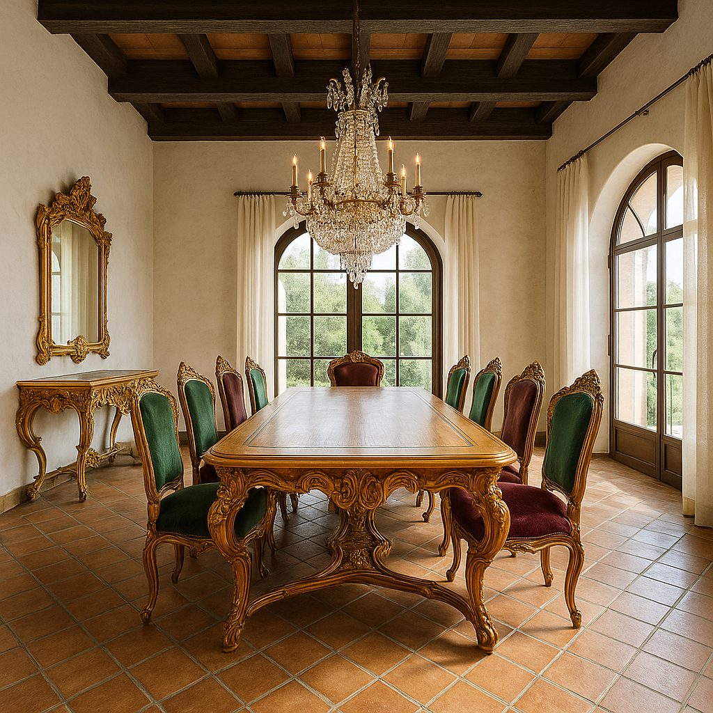 Comedor barroco con gran mesa tallada y lámpara de araña de cristal en España