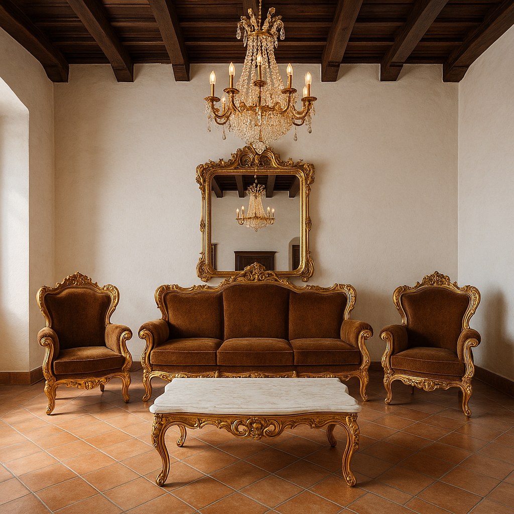 Salón barroco Casa Padrino con sofá y sillones dorados en una villa española