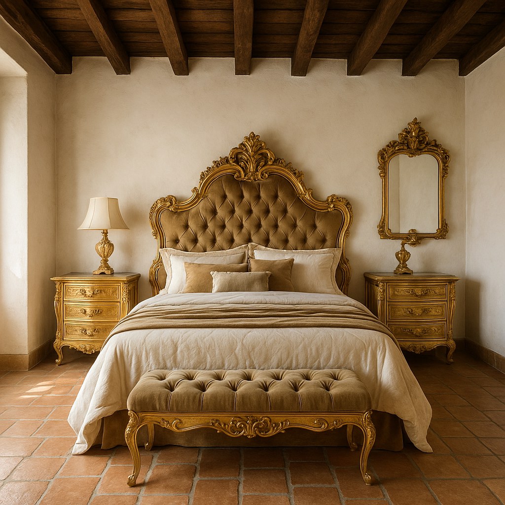 Dormitorio barroco con cama tallada y mesillas a juego en un chalet español