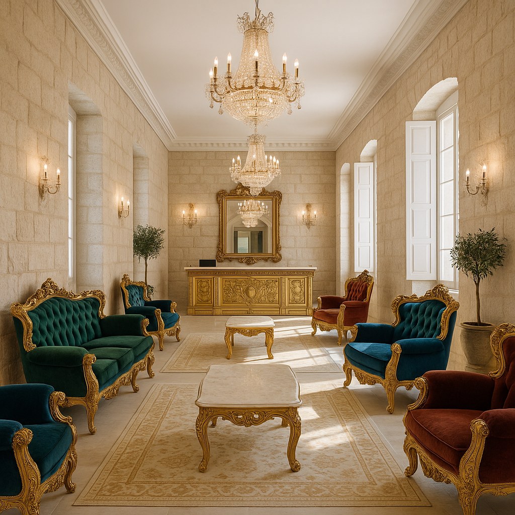 Hotelsko predvorje opremljeno baroknim namještajem Casa Padrino i kristalnim lusterima