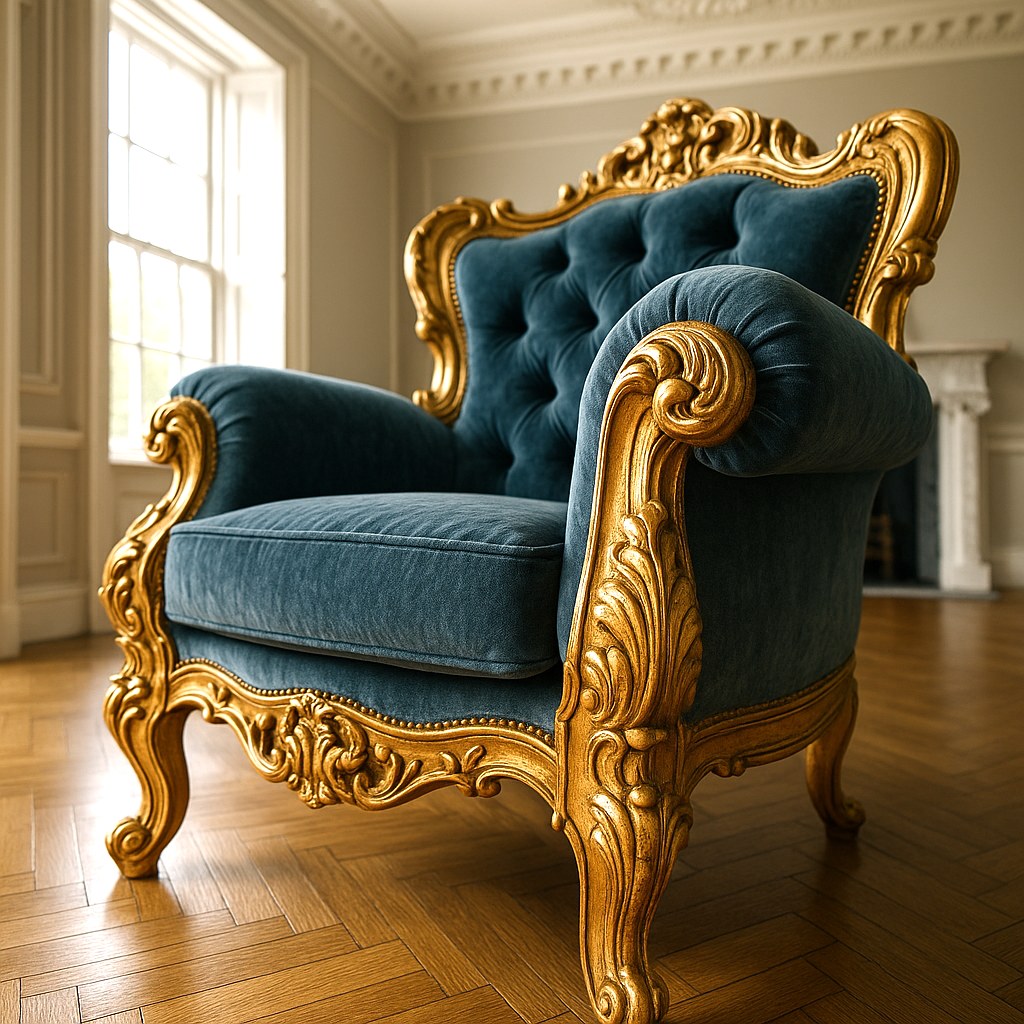 Close up of gold leaf carving and velvet on a baroque armchair