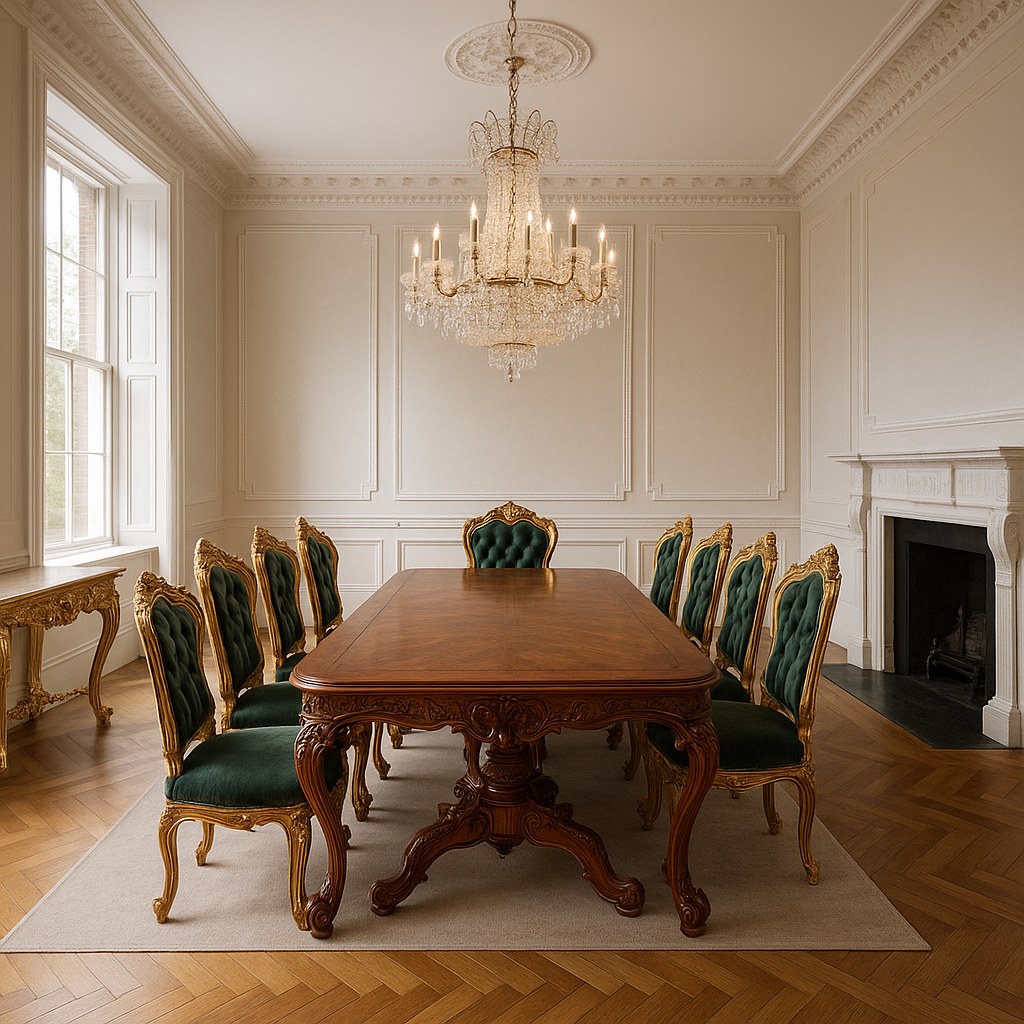 Baroque dining room with large carved table and crystal chandelier in Ireland